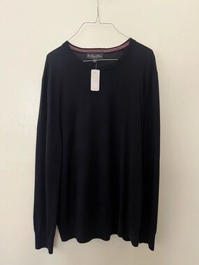 Brooks Brothers Black Crewneck Sweater with Subtle Stripe Trim nwt merino wool